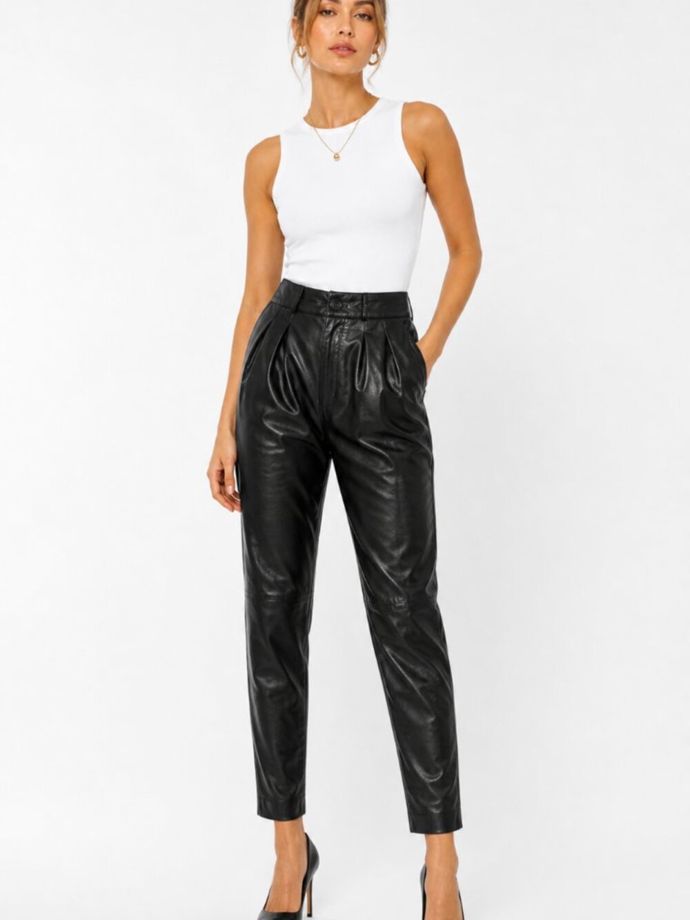 Vintage 80s Tannery West Black Leather‎ Pants High Waist Pleated Tapered